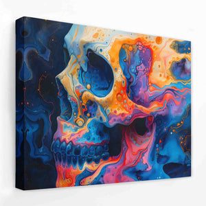 a painting of a colorful skull on a white wall