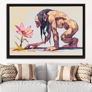 a painting of a man kneeling down next to a flower