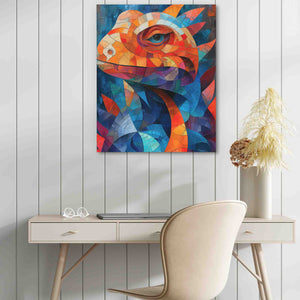 a painting of a fish on a wall above a desk