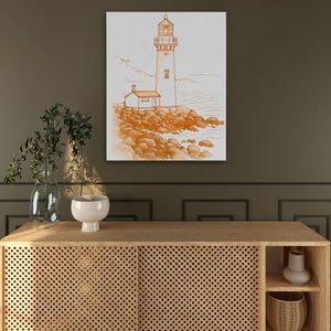 a painting of a lighthouse on a wall above a wooden cabinet