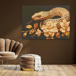 a painting of a snake on a wall next to a chair