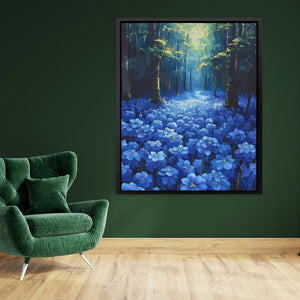 a painting of blue flowers in a green room