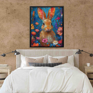 a painting of a rabbit on a wall above a bed