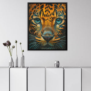 a painting of a tiger's face with blue eyes