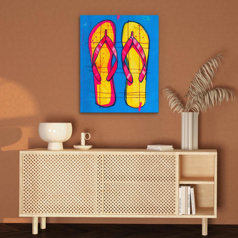 a painting of a pair of flip flops on a blue background