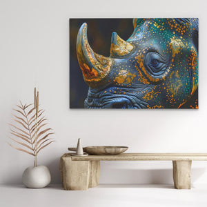 a painting of a rhino is hanging on a wall