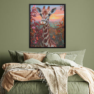 a painting of a giraffe in a bedroom