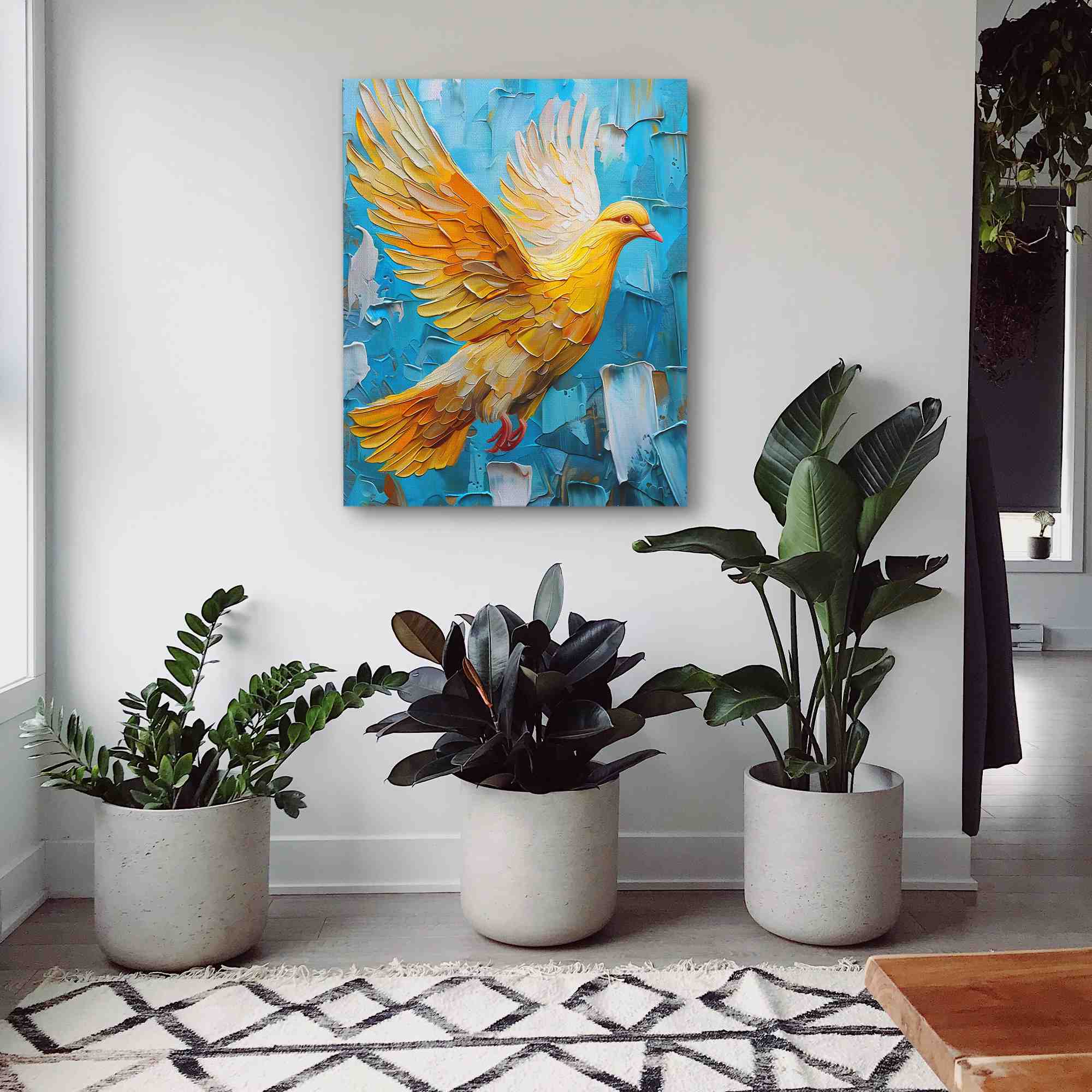 a painting of a yellow bird on a blue background