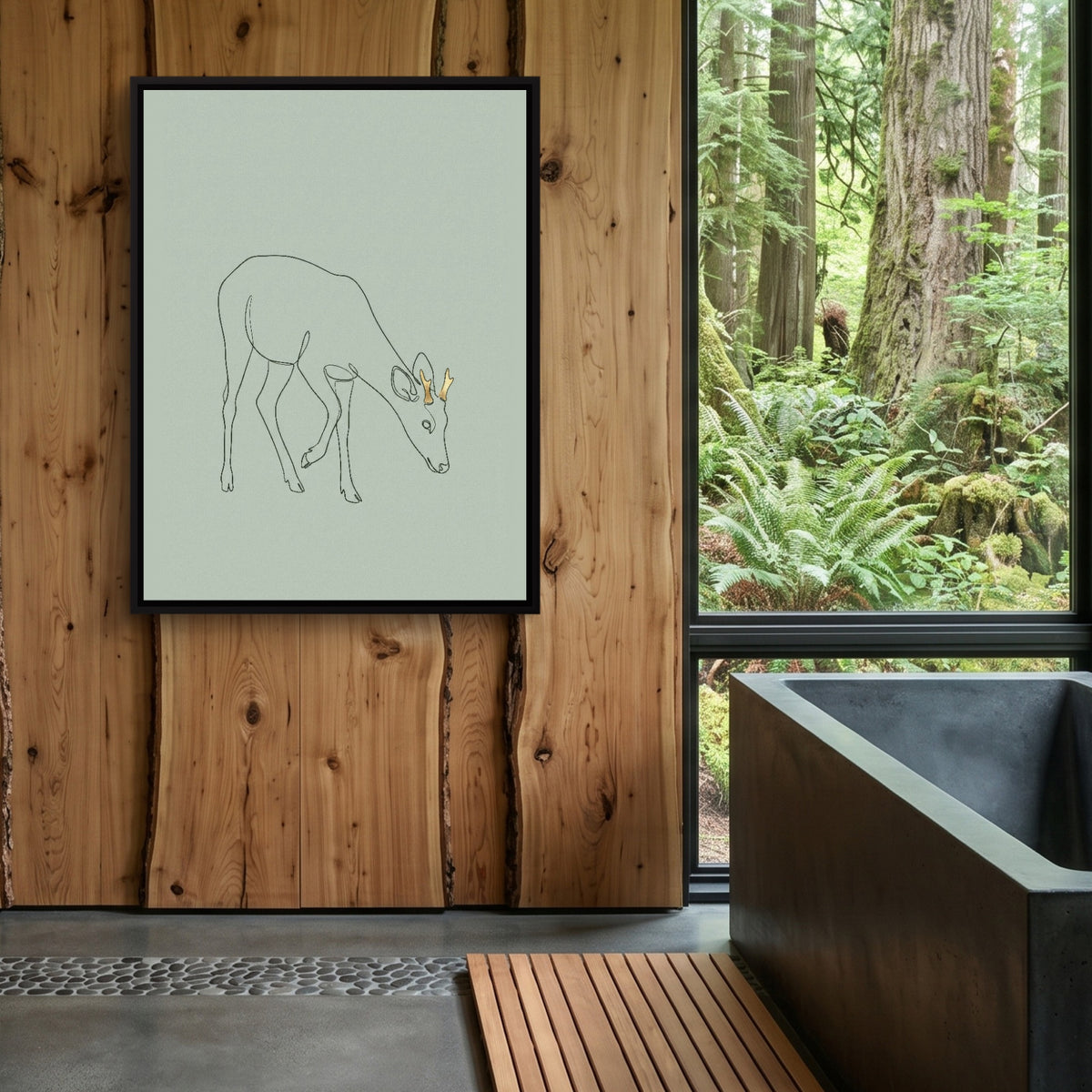 Deer Golden Grazing — deer golden grazing sq outdoor bathroom log 1port framed black