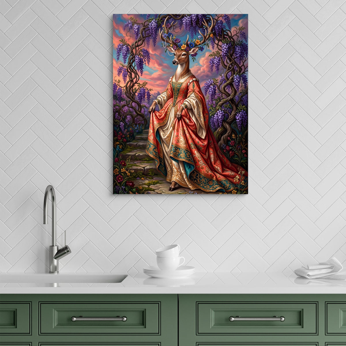 Deer Wisteria Steps — deer wisteria steps sq green kitchen 1port flush print
