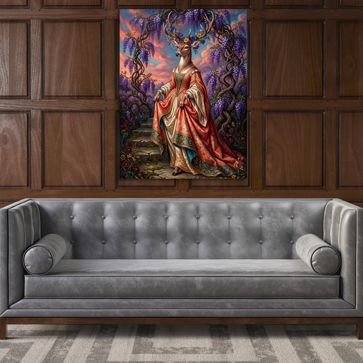 Deer Wisteria Steps — deer wisteria steps sq luxury wood walls 1port flush print
