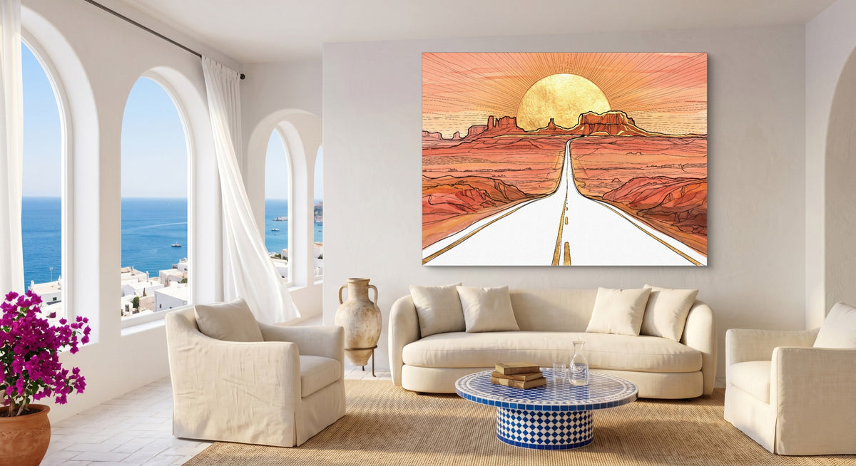 Desert Road Sunrise — desert road sunrise beachside couch livingroom 1land flush print