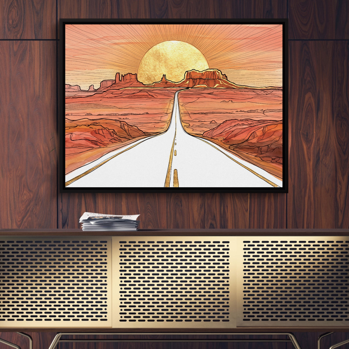 Desert Road Sunrise — desert road sunrise sq gold wood wall 1land framed black