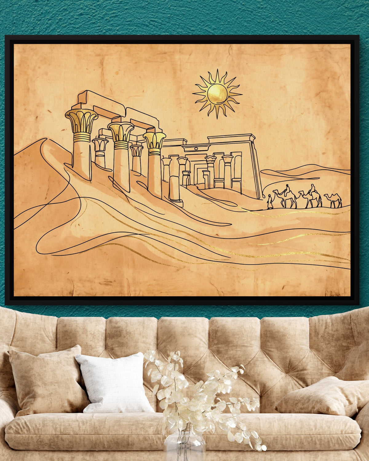 Desert Temple Sunrise — desert temple sunrise psd teal wall tan couch 1land framed black