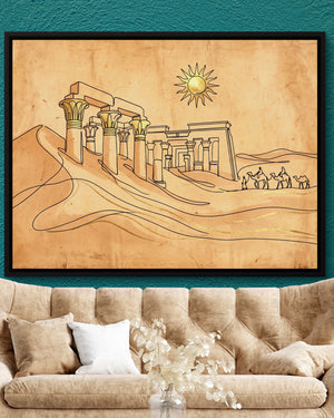 Desert Temple Sunrise — desert temple sunrise psd teal wall tan couch 1land framed black