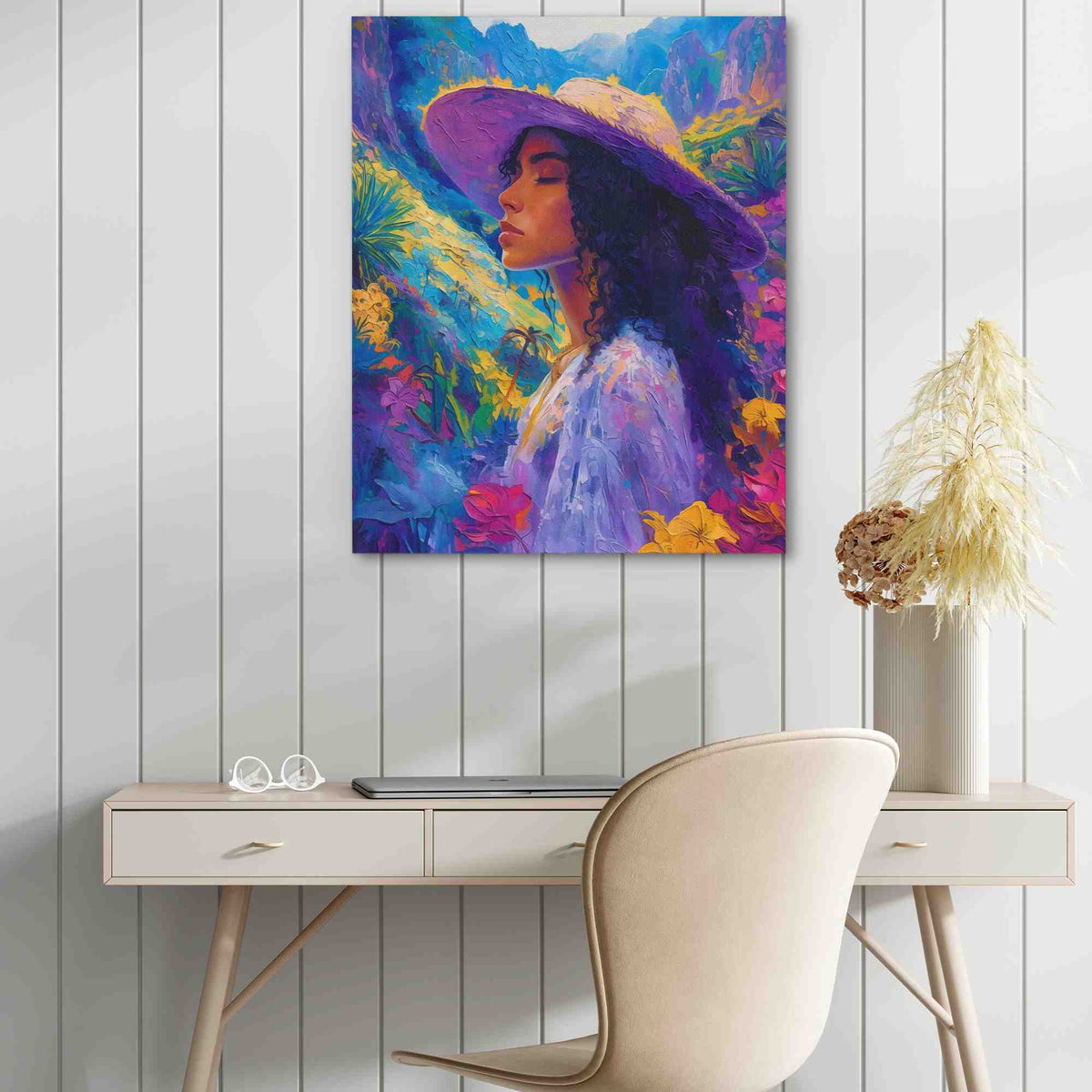 a painting of a woman wearing a purple hat