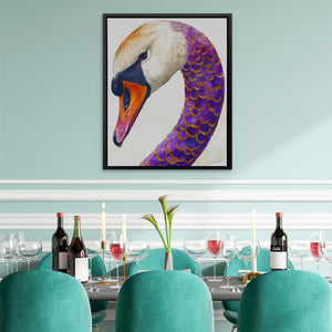 a painting of a swan is hanging above a dining room table