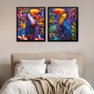 two paintings of toucans on a wall above a bed