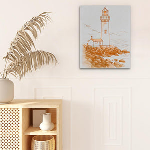 a painting of a lighthouse on a white wall