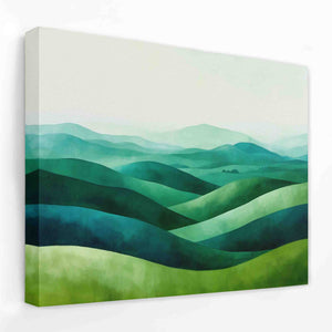 a painting on a wall of green hills