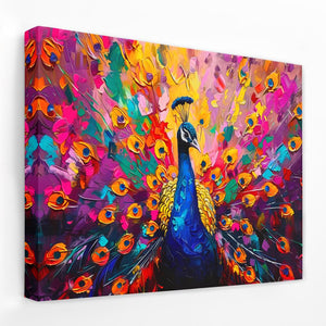 a colorful painting of a peacock on a white wall