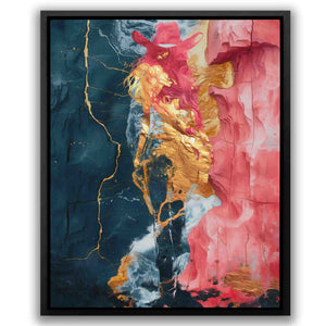 an abstract painting with gold and pink colors