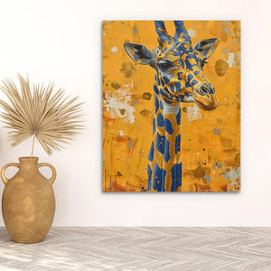 a painting of a giraffe on a wall next to a vase