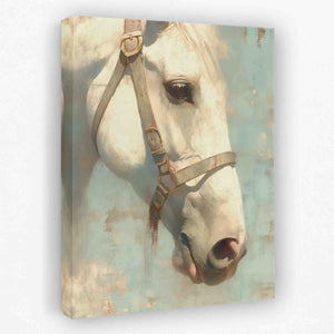 a painting of a white horse with a bridle on