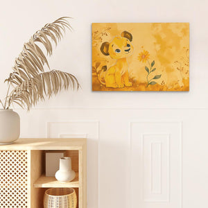 a painting of a lion on a yellow background