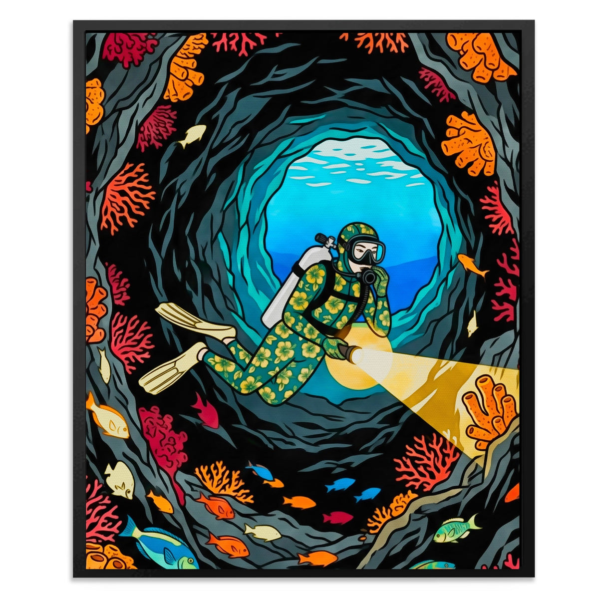 Diver Coral Cavern - Luxury Wall Art