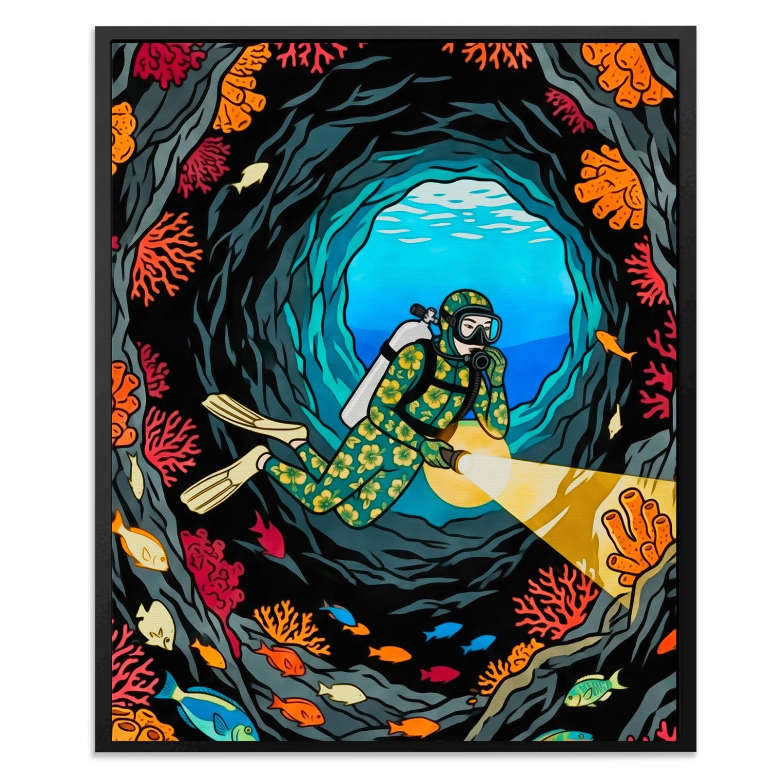 Diver Coral Cavern - Luxury Wall Art