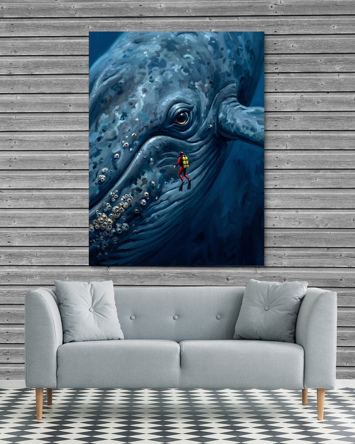Diver Meets Ocean Giant — diver meets ocean giant psd grey wood checkers couch 1port flush print