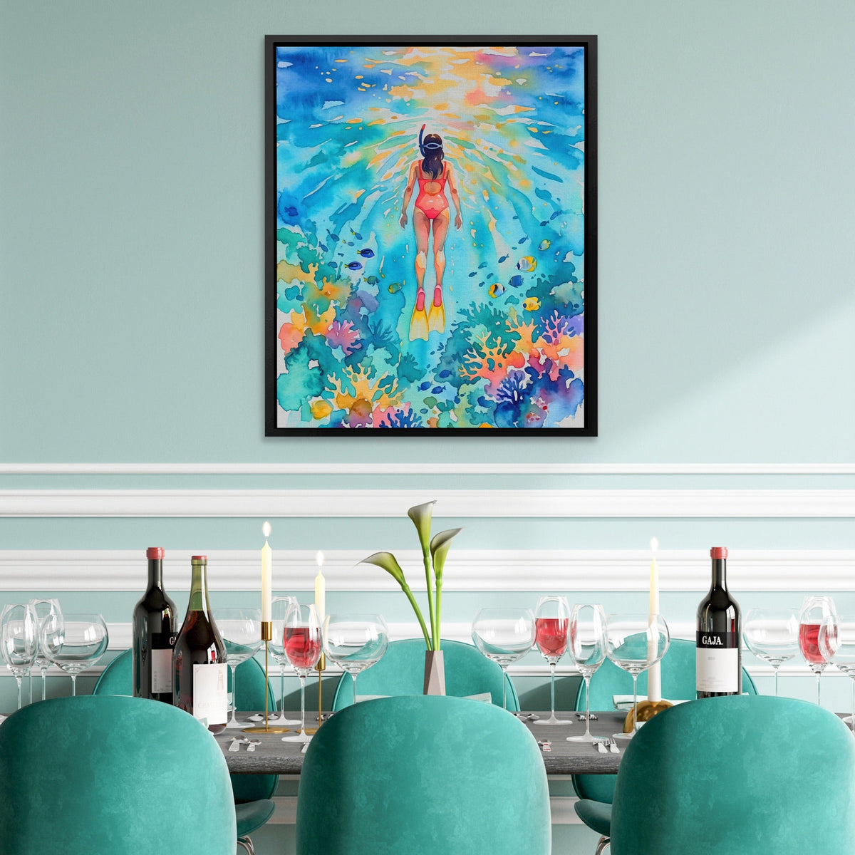 Diver Watercolor Reef - Luxury Wall Art