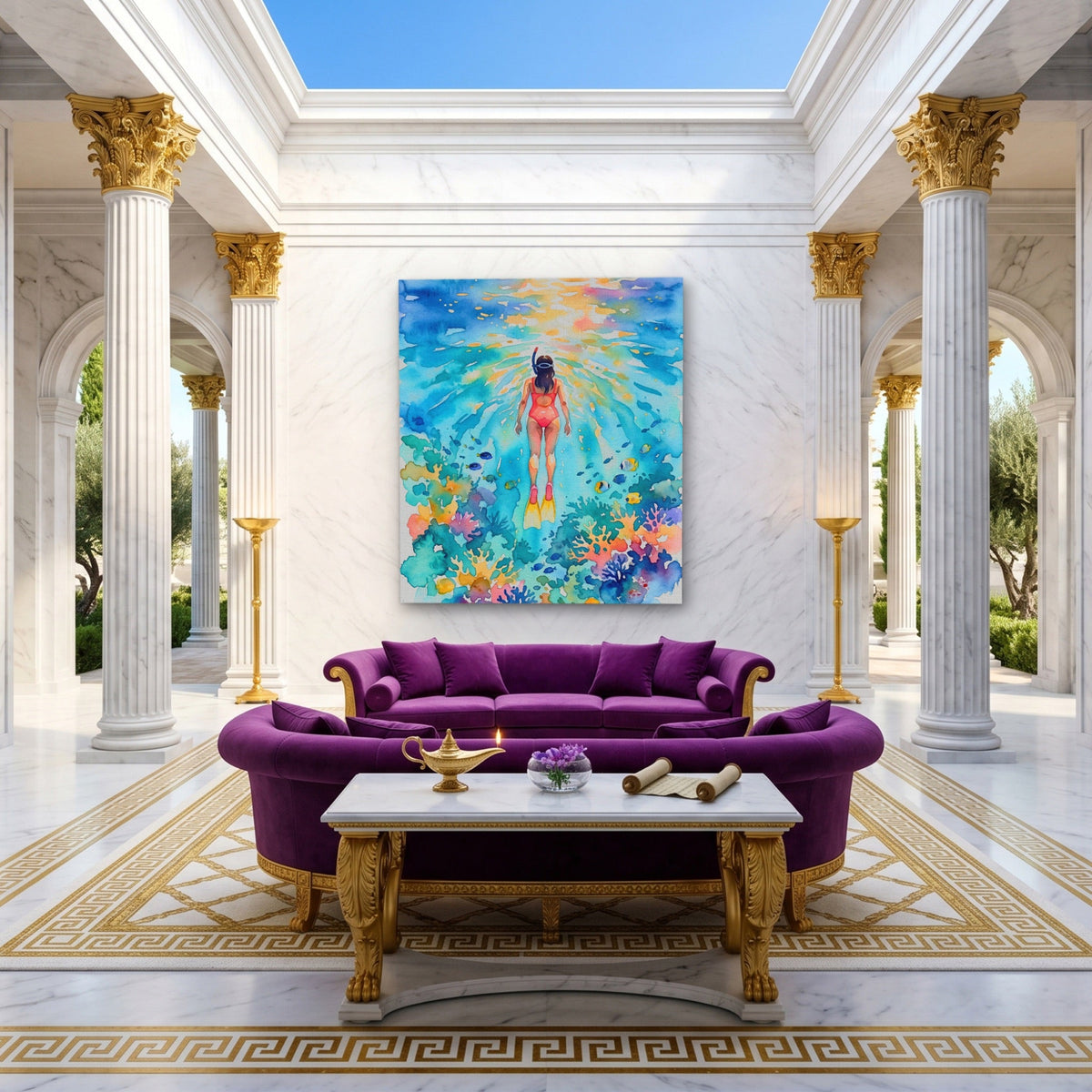 Diver Watercolor Reef - Luxury Wall Art