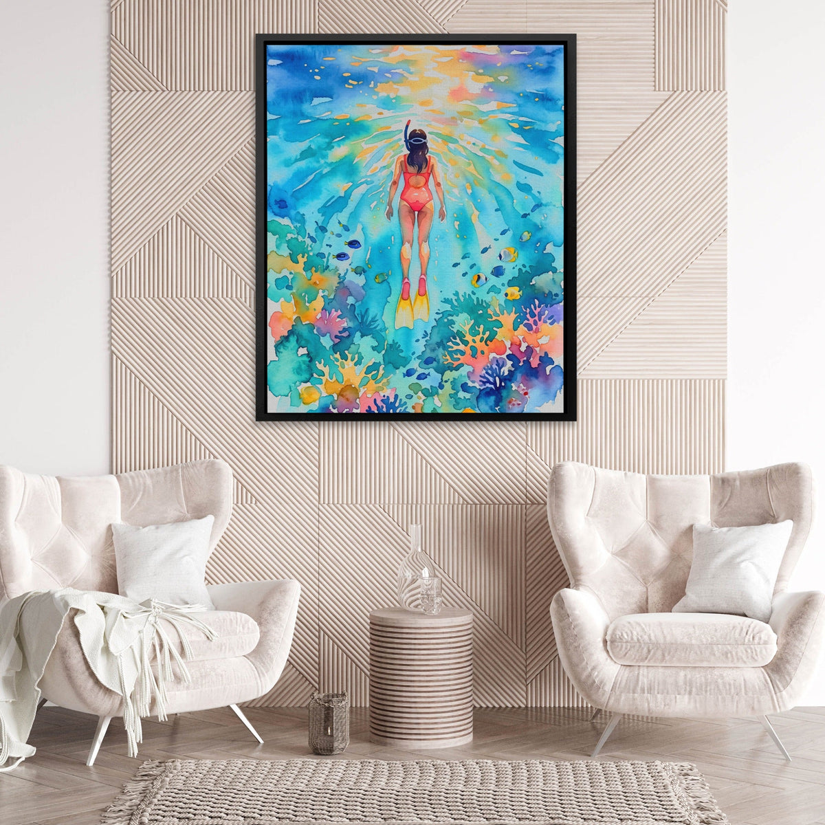 Diver Watercolor Reef - Luxury Wall Art
