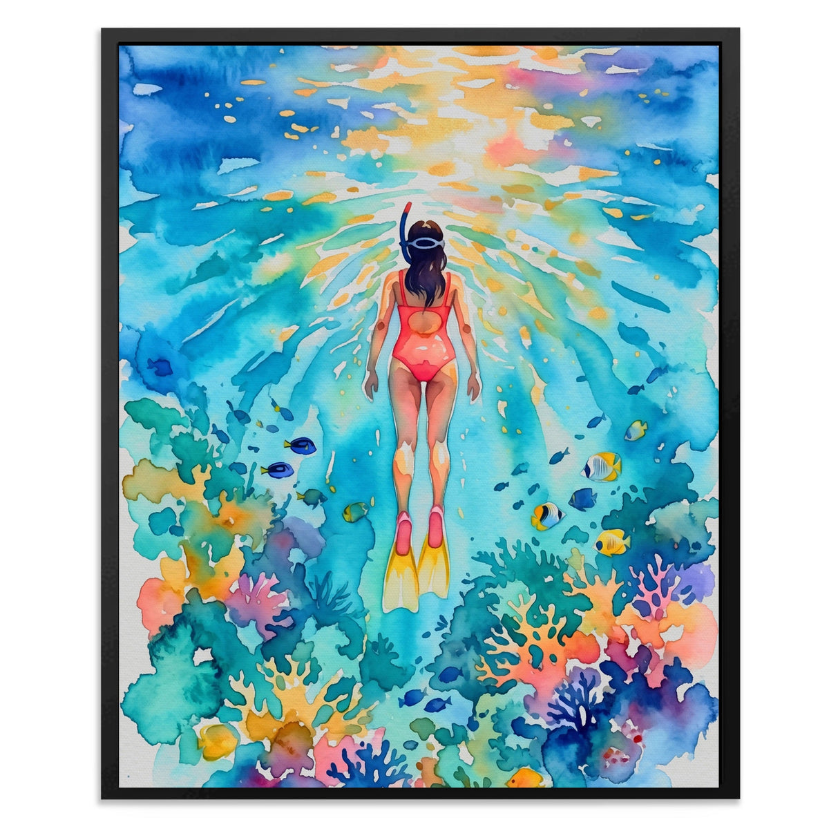 Diver Watercolor Reef - Luxury Wall Art