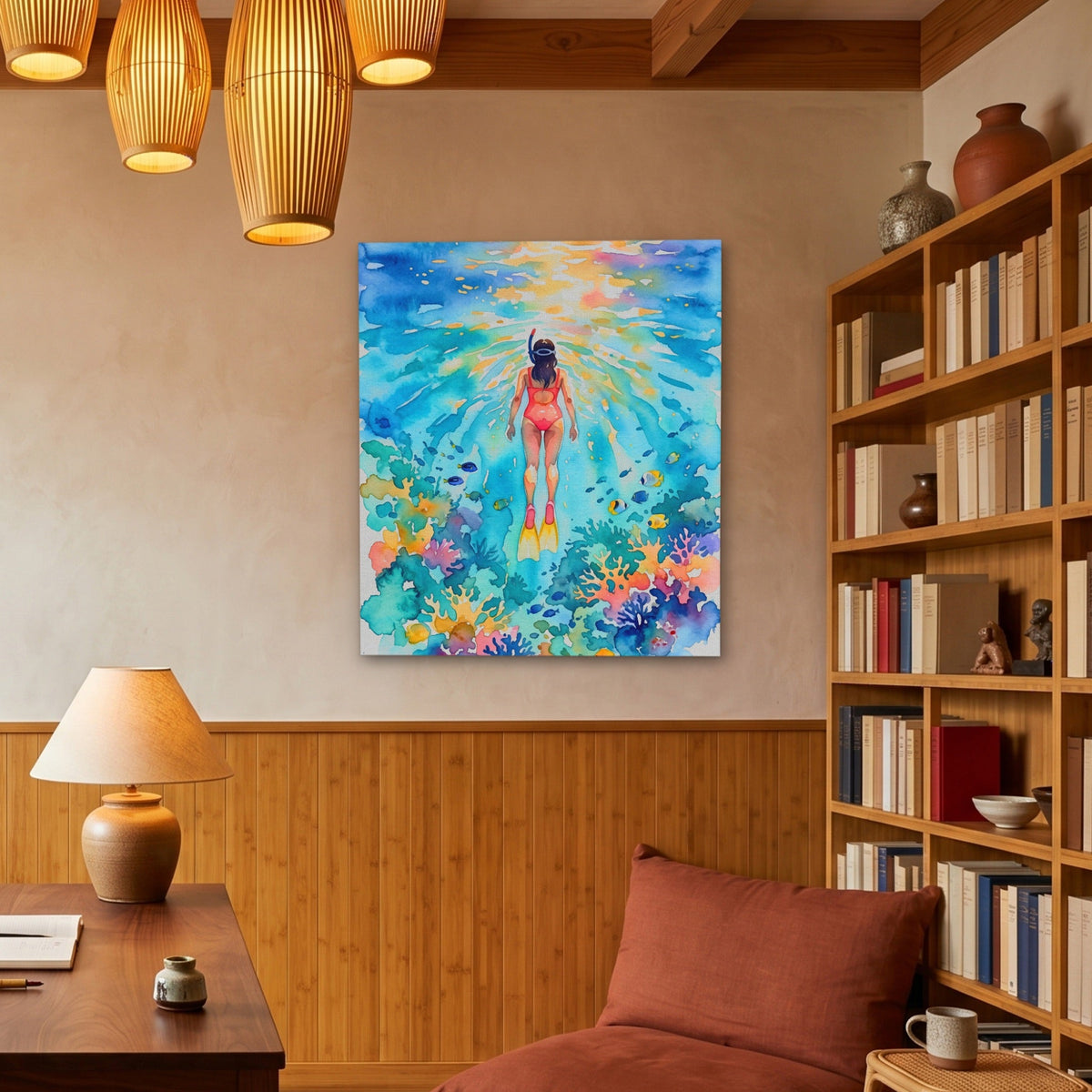 Diver Watercolor Reef - Luxury Wall Art