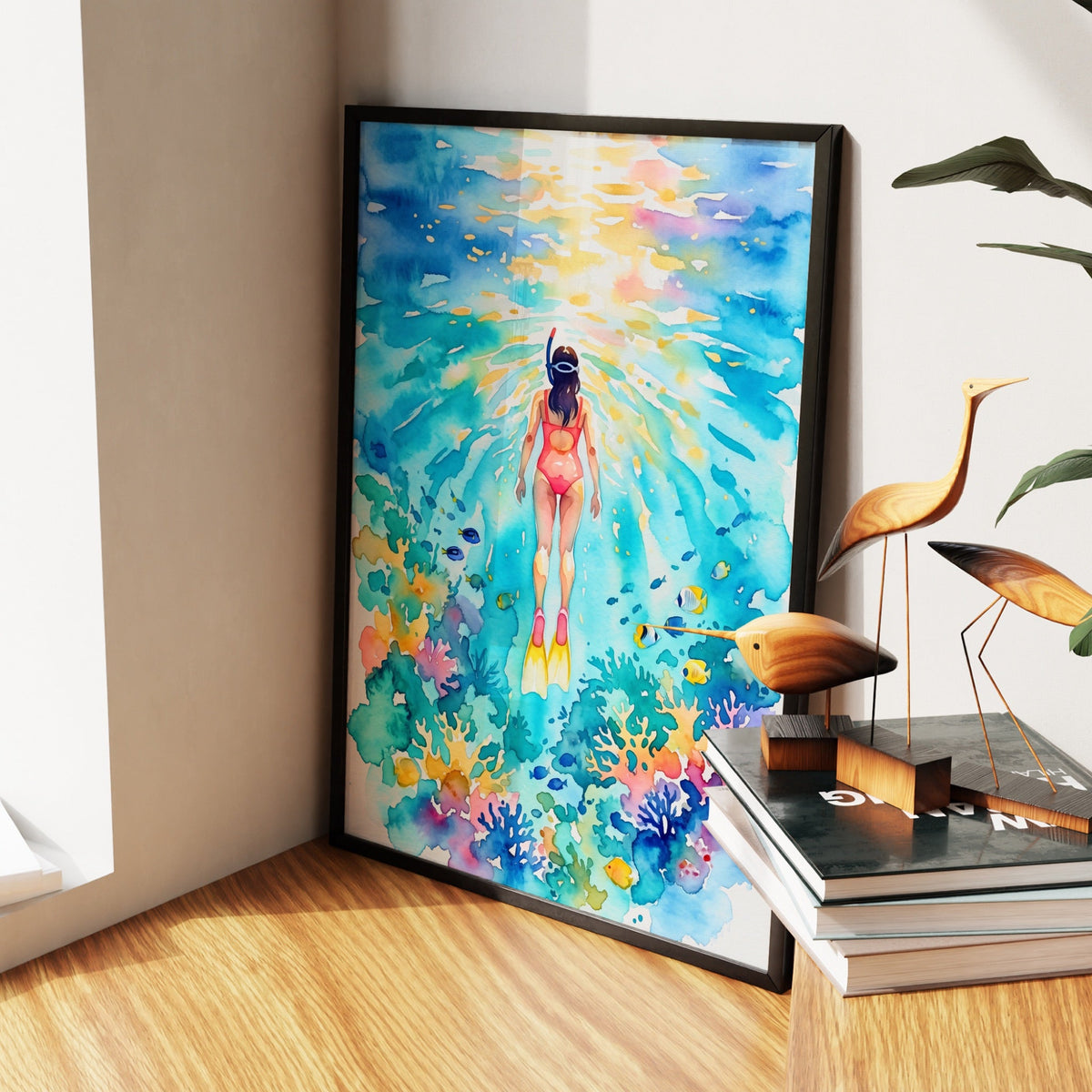 Diver Watercolor Reef - Luxury Wall Art