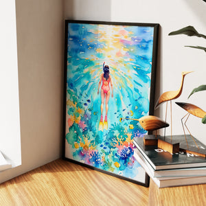 Diver Watercolor Reef - Luxury Wall Art