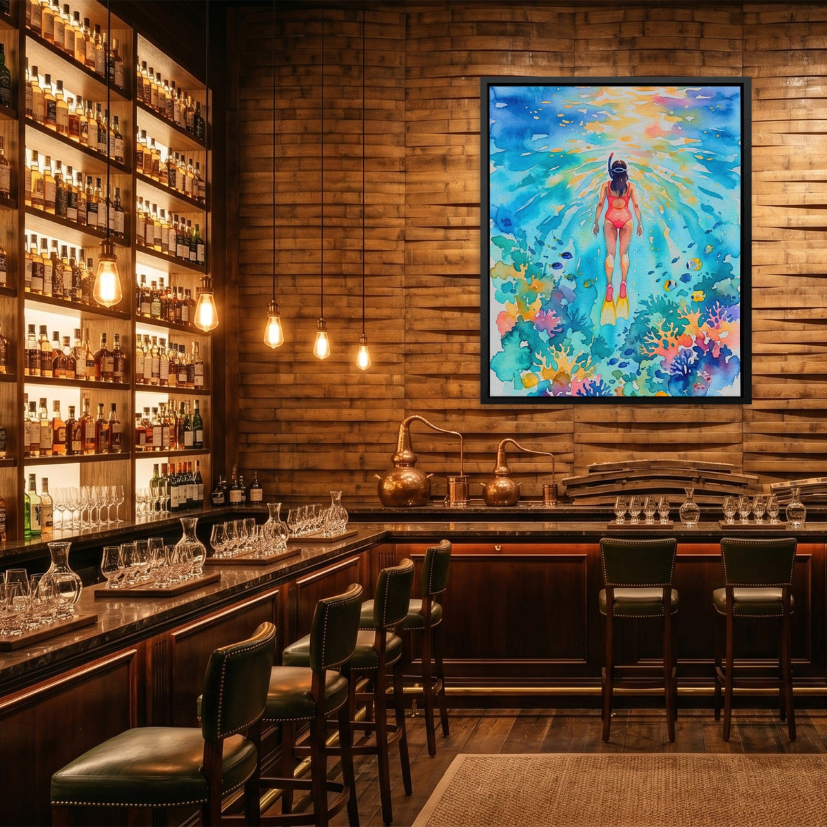 Diver Watercolor Reef - Luxury Wall Art