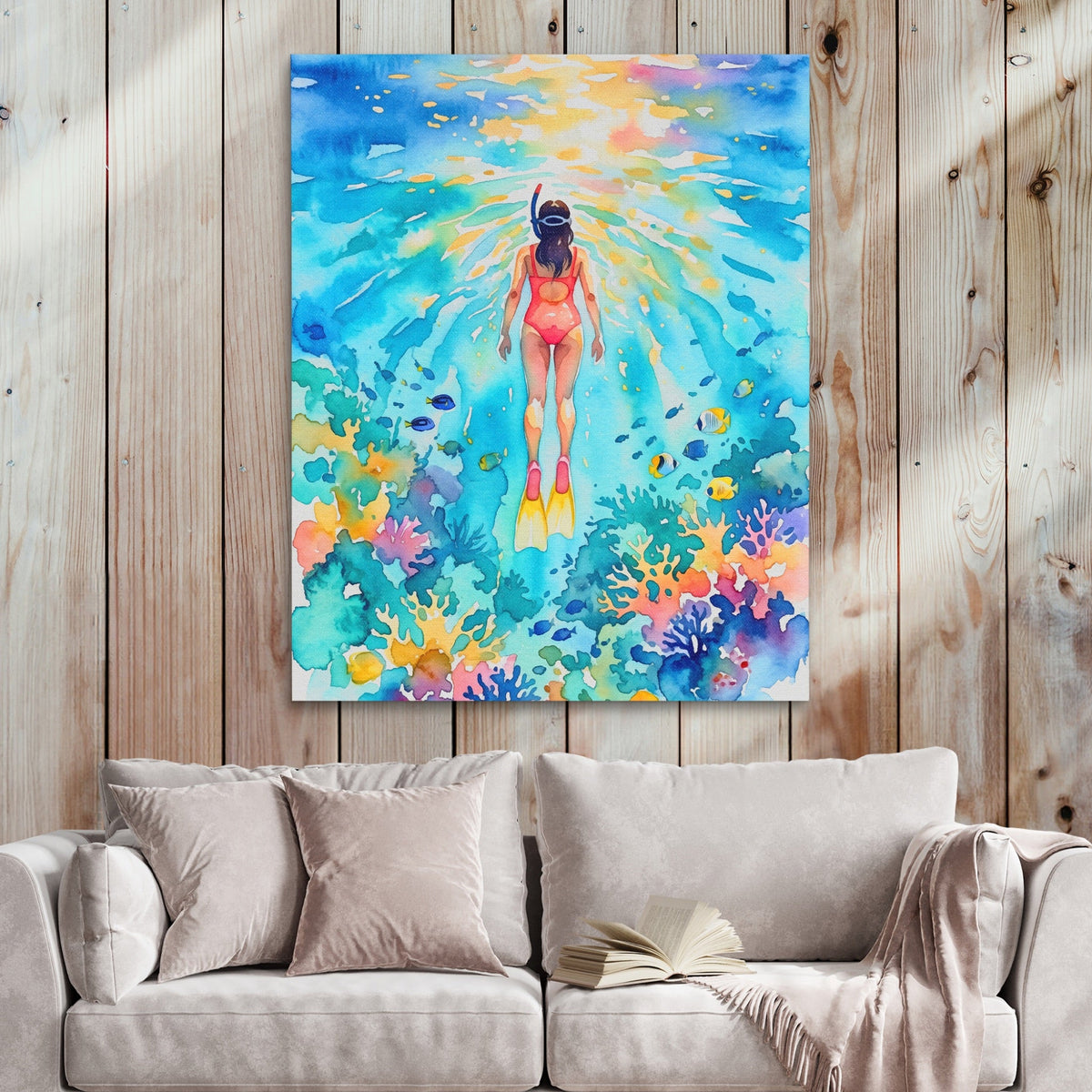 Diver Watercolor Reef - Luxury Wall Art