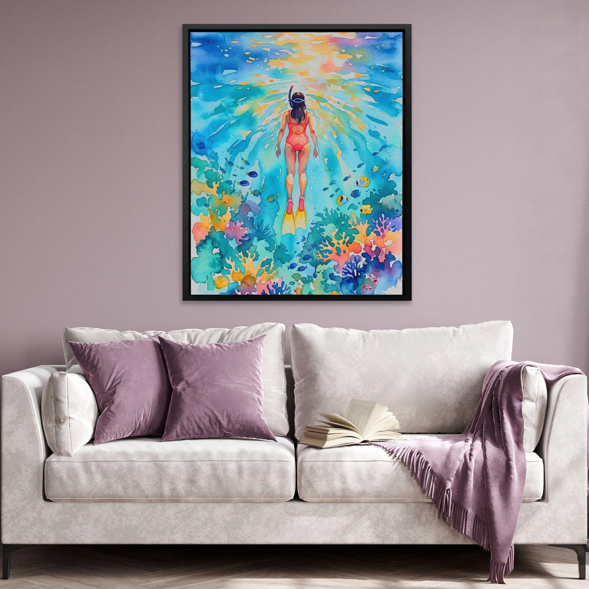 Diver Watercolor Reef - Luxury Wall Art