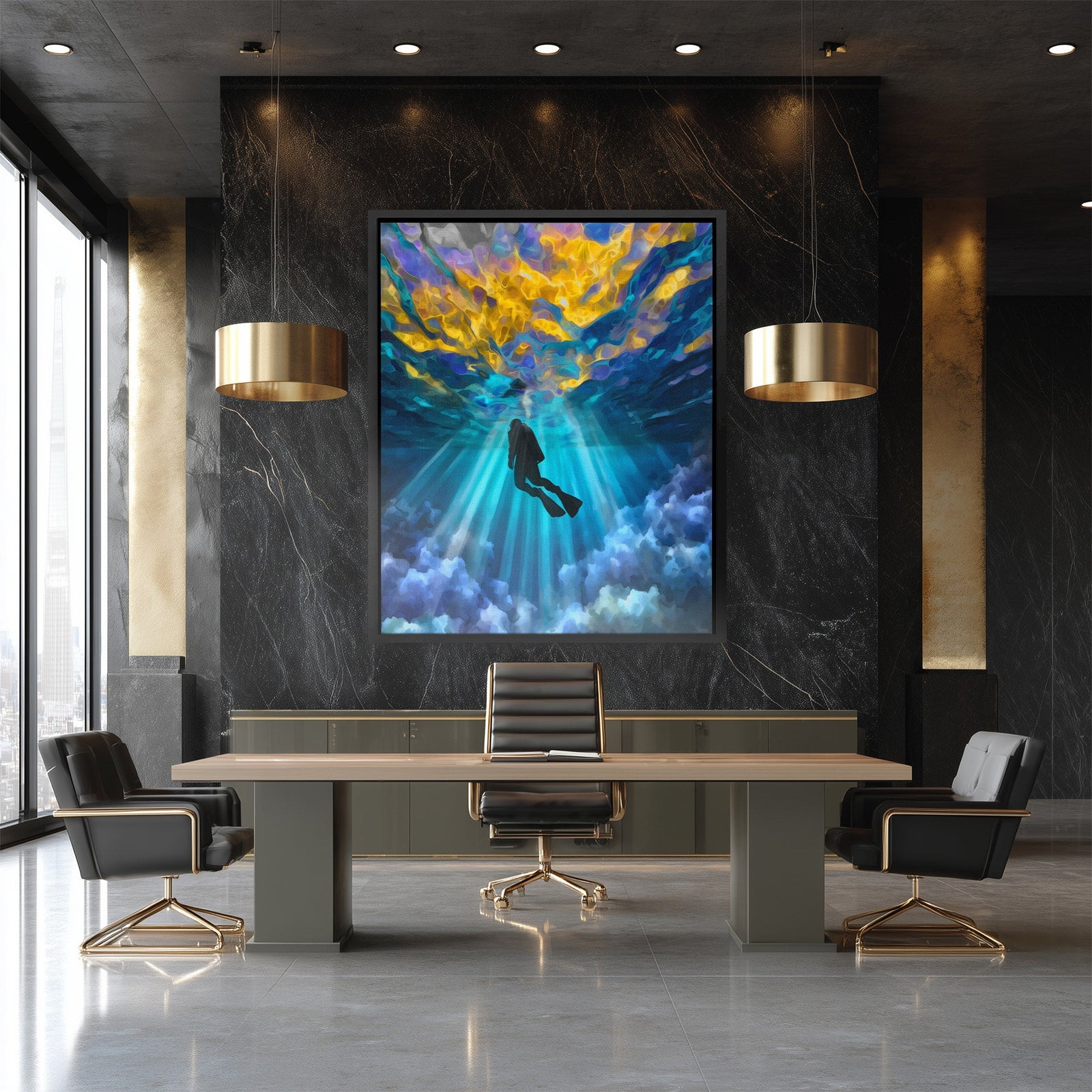 Diver's Golden Descent - Luxury Wall Art