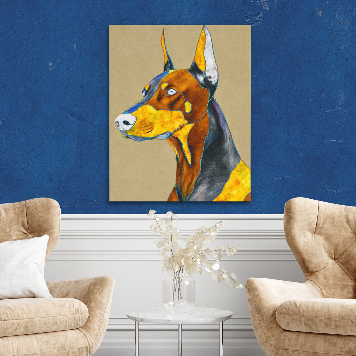 Doberman Geometric Profile — Doberman Geometric Profile Two Chairs Blue Walls2 299