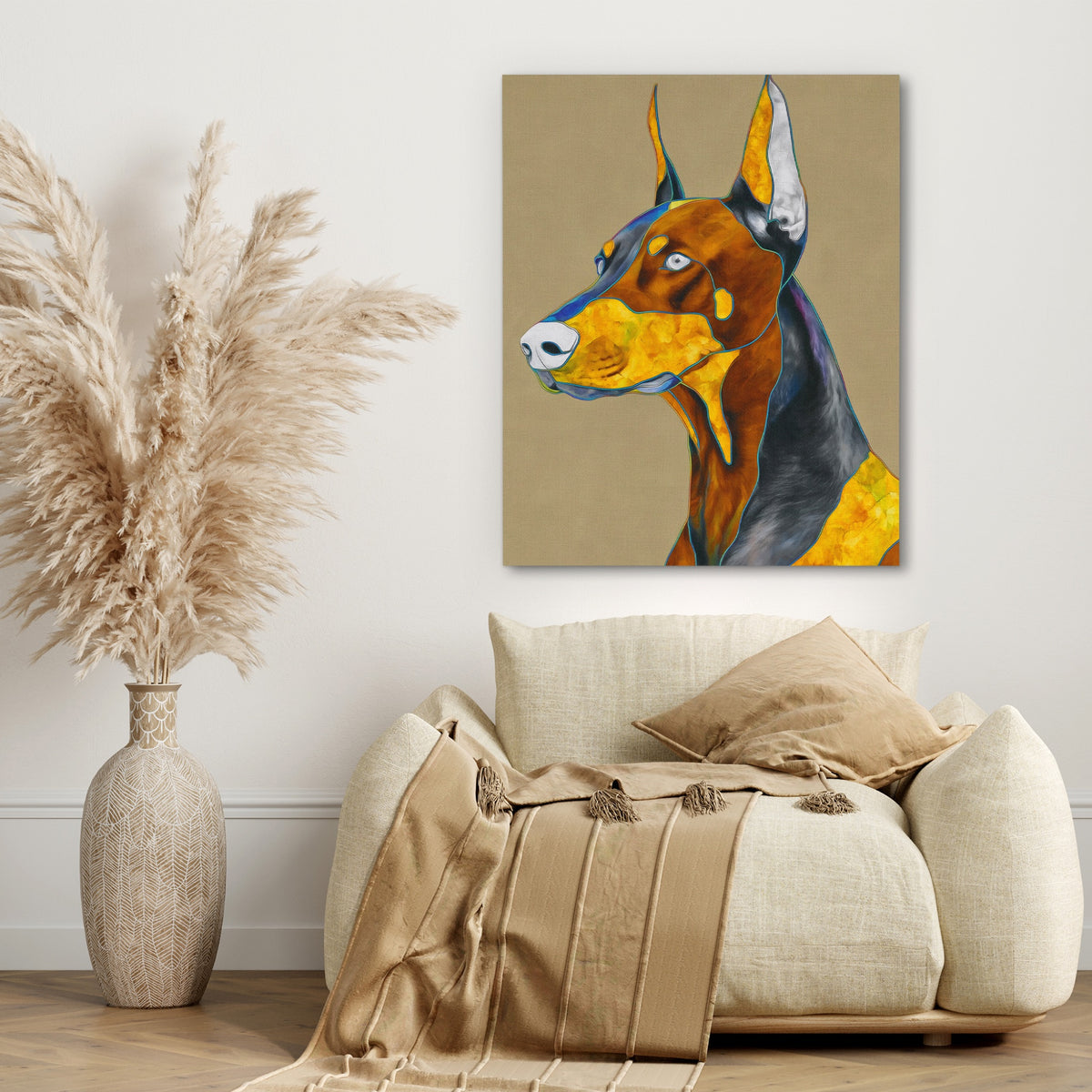 Doberman Geometric Profile — Doberman Geometric Profile beige couch 319