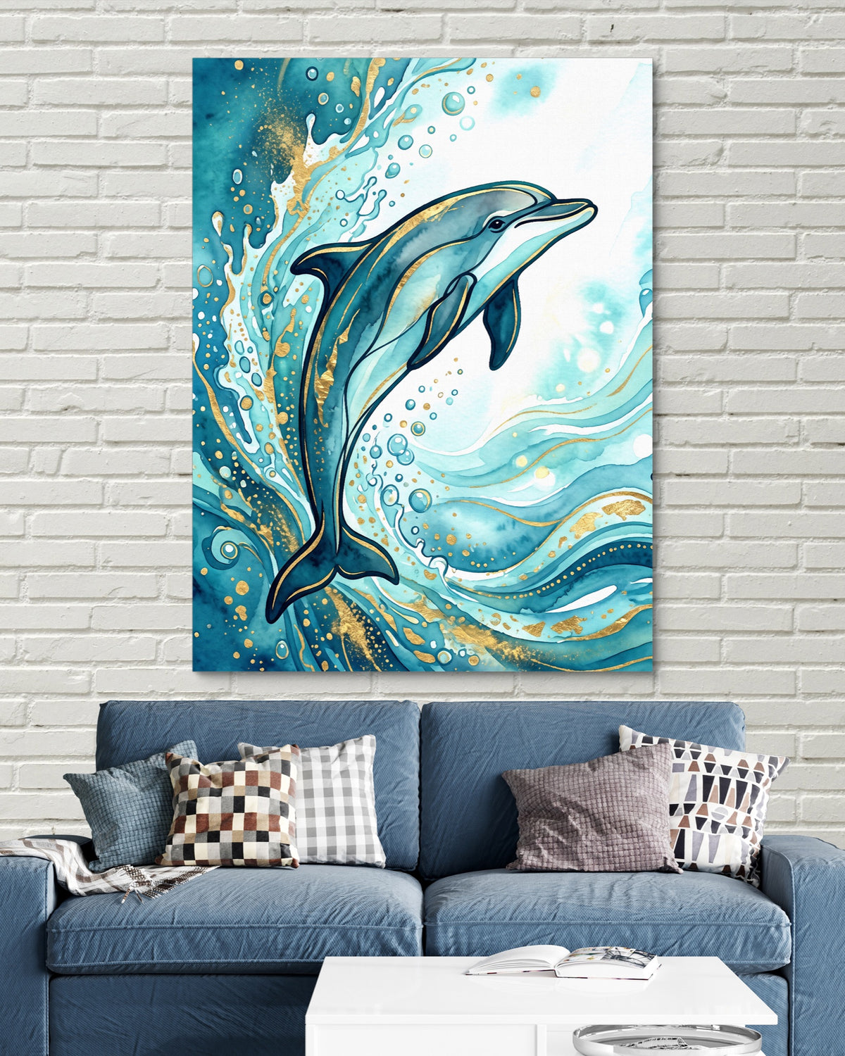 Dolphin's Aqua Flow — dolphin's aqua flow psd white bricks blue couch 1port flush print