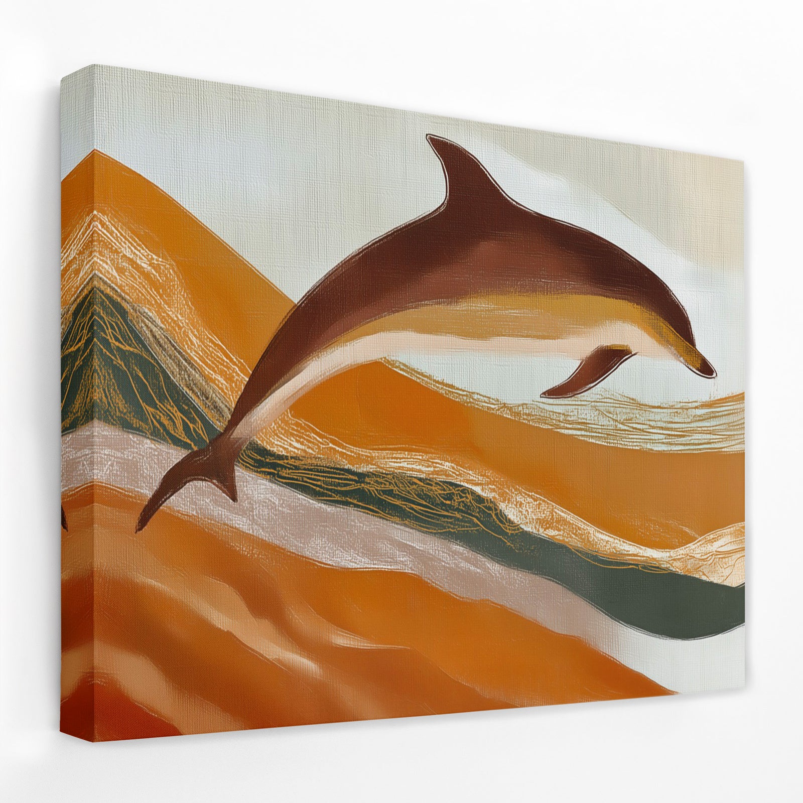Dolphins Through Golden Waves - Luxury Wall Art
