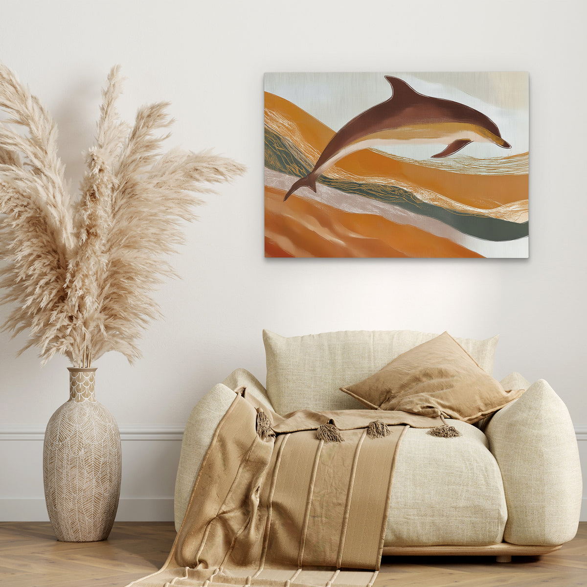 Dolphins Through Golden Waves - Luxury Wall Art