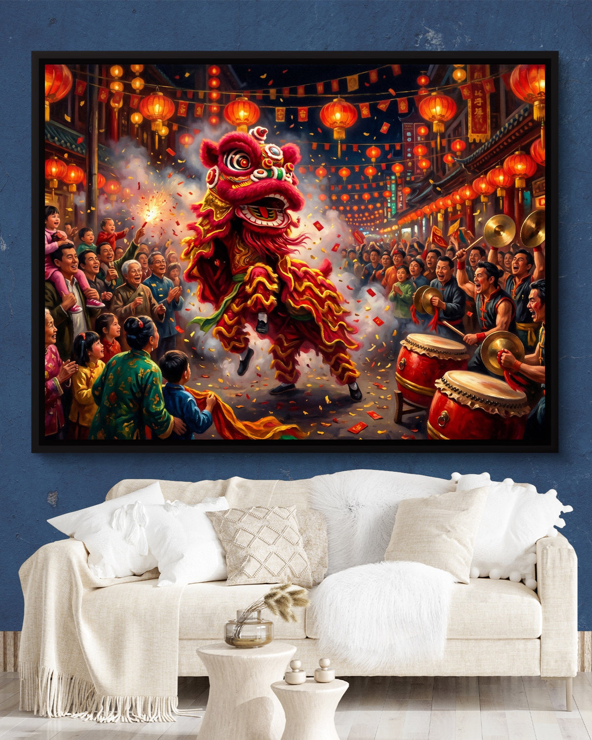 Dragon Celebration Night — dragon celebration night psd navy wall white lux couch 1land framed black