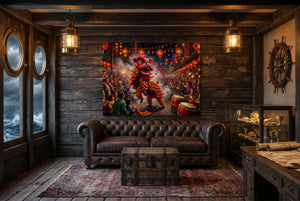 Dragon Celebration Night — dragon celebration night small cabin interior view 1land flush print